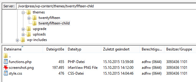 Das Preview für das Child-Theme zeigt WordPress an, wenn im Theme-Verzeichnis die entsprechende Datei namens screenshot.png vorhanden ist.