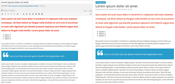 Nach einigen Anpassungen fast identisch: Editor-Ansicht (links) und Vorschau (rechts).