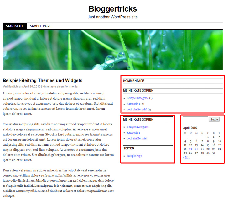 Beispiel-Theme mit drei gruppierten Widget-Bereichen rechts von den Blog-Beiträgen.